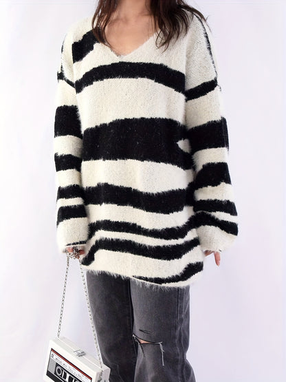 Antmvs Striped V Neck Pullover Sweater, Vintage Long Sleeve Sweater For Fall & Winter, Women's Clothing