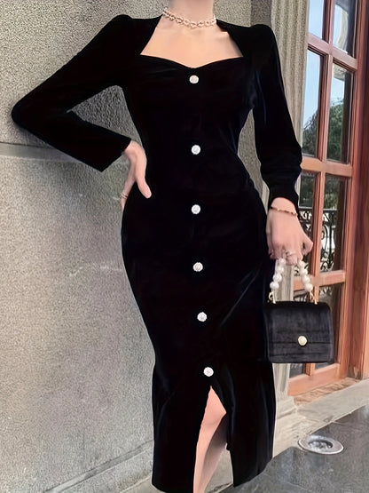 Antmvs Button Solid Color Dress, Elegant Long Sleeve Dress For Party & Banquet, Women's Clothing