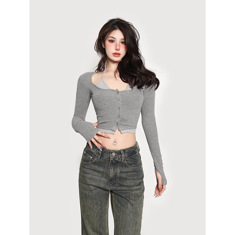 Antmvs Gwen Fake Two Piece Halter Long-sleeved Button Up Slim Cropped Top