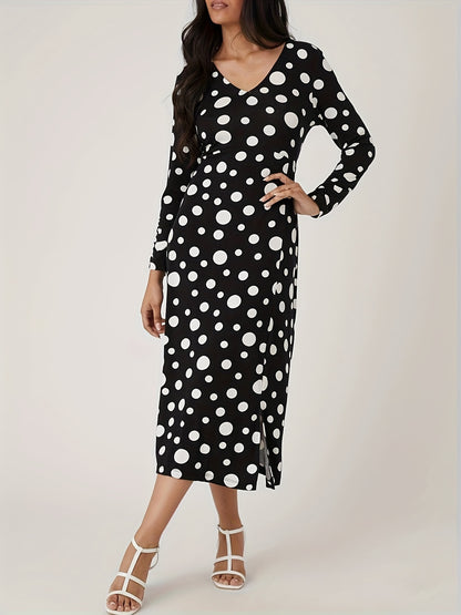 Antmvs Polka Dot Print Long Sleeve Dress, Casual V Neck Split Hem Dress For Spring & Fall, Women's Clothing