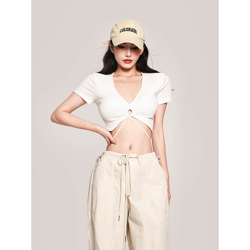 Antmvs Janet Solid Color V-Neck Slim Short Sleeve Waist Rope Strap Cropped Topp