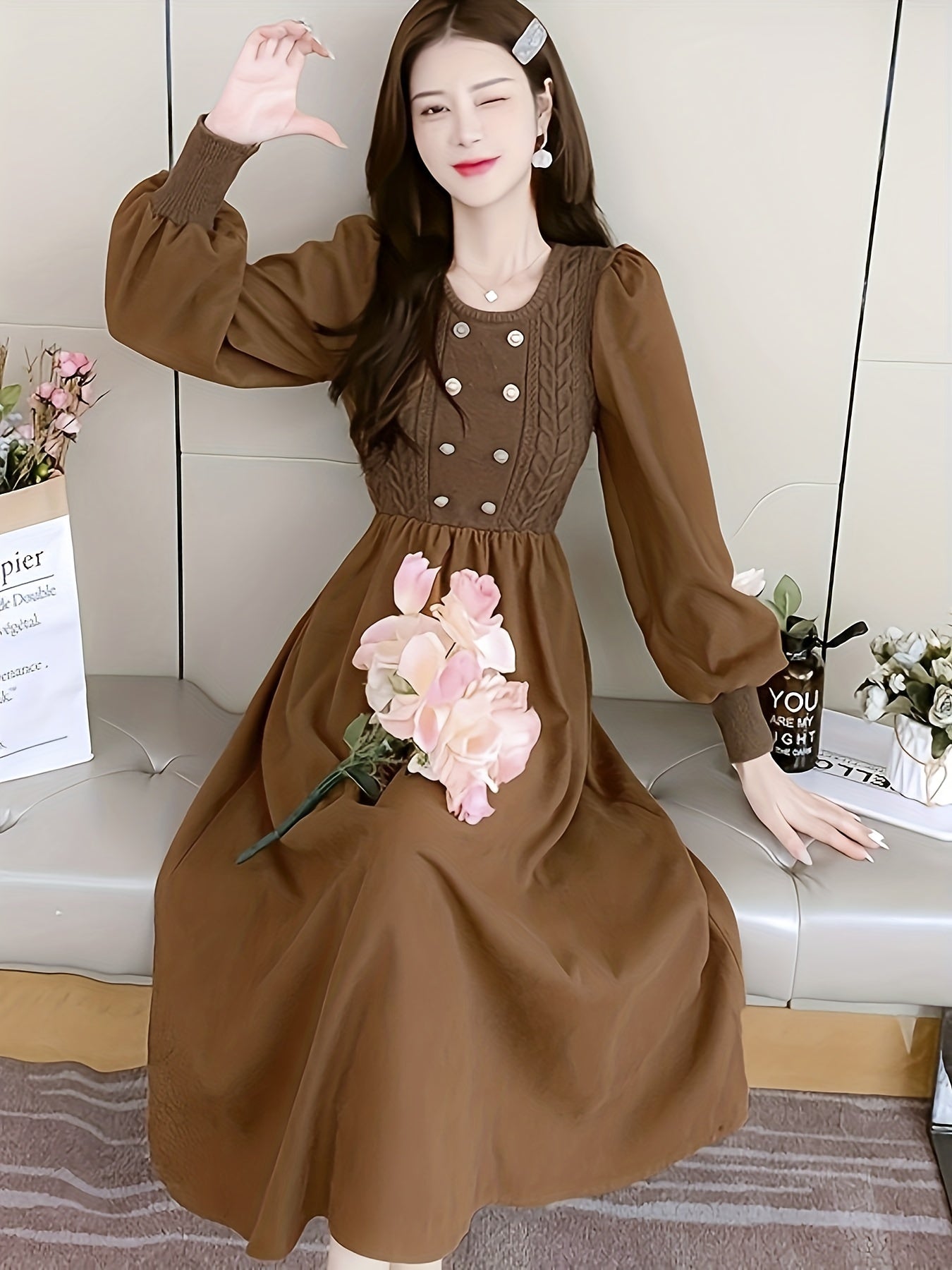 Antmvs Crew Neck Knitted Maxi Dress, Elegant Solid Color Button Long Sleeve Sweater A-line Dress For Fall & Winter, Women's Clothing