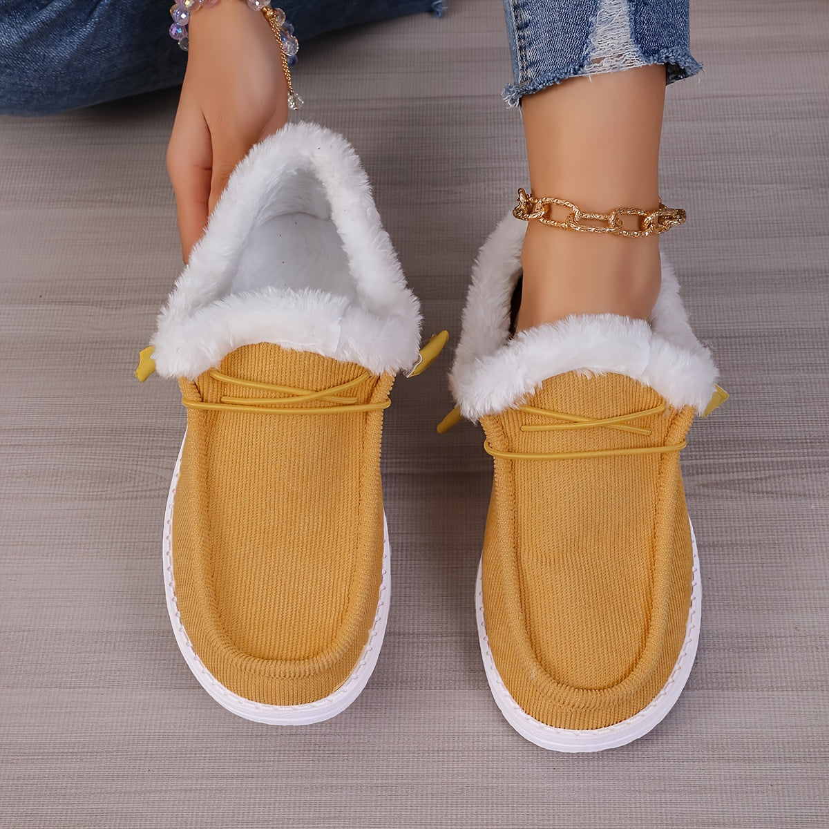 Women's Splicing Fluffy Loafers, Winter Warm Round Toe Slip On Flat Shoes, Cozy Low Top Snow Boots