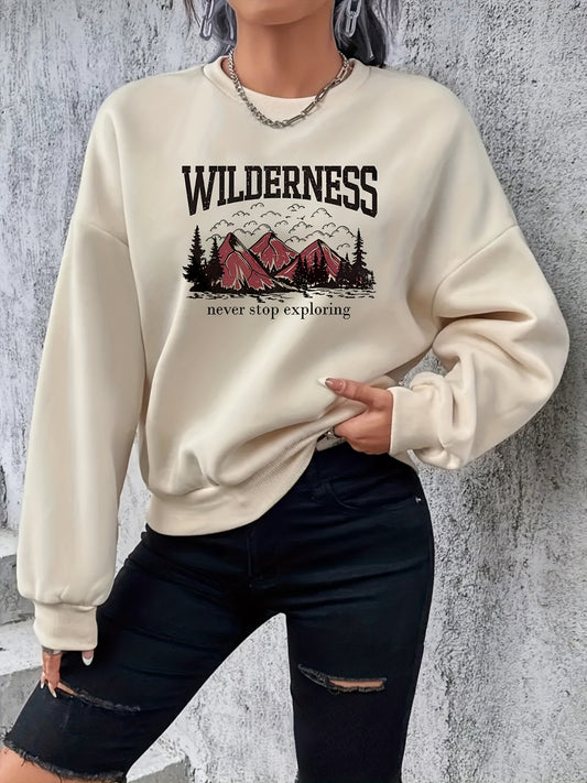 Antmvs Plus Size Casual Sweatshirt, Women's Plus Mountain & Slogan Print Long Sleeve Round Neck Slight Stretch Sweatshirt