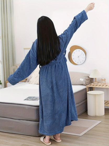 Women's Casual Lounge Robe, Plus Size Solid Long Sleeve Open Front Coral Fleece Soft Belted Bathrobe