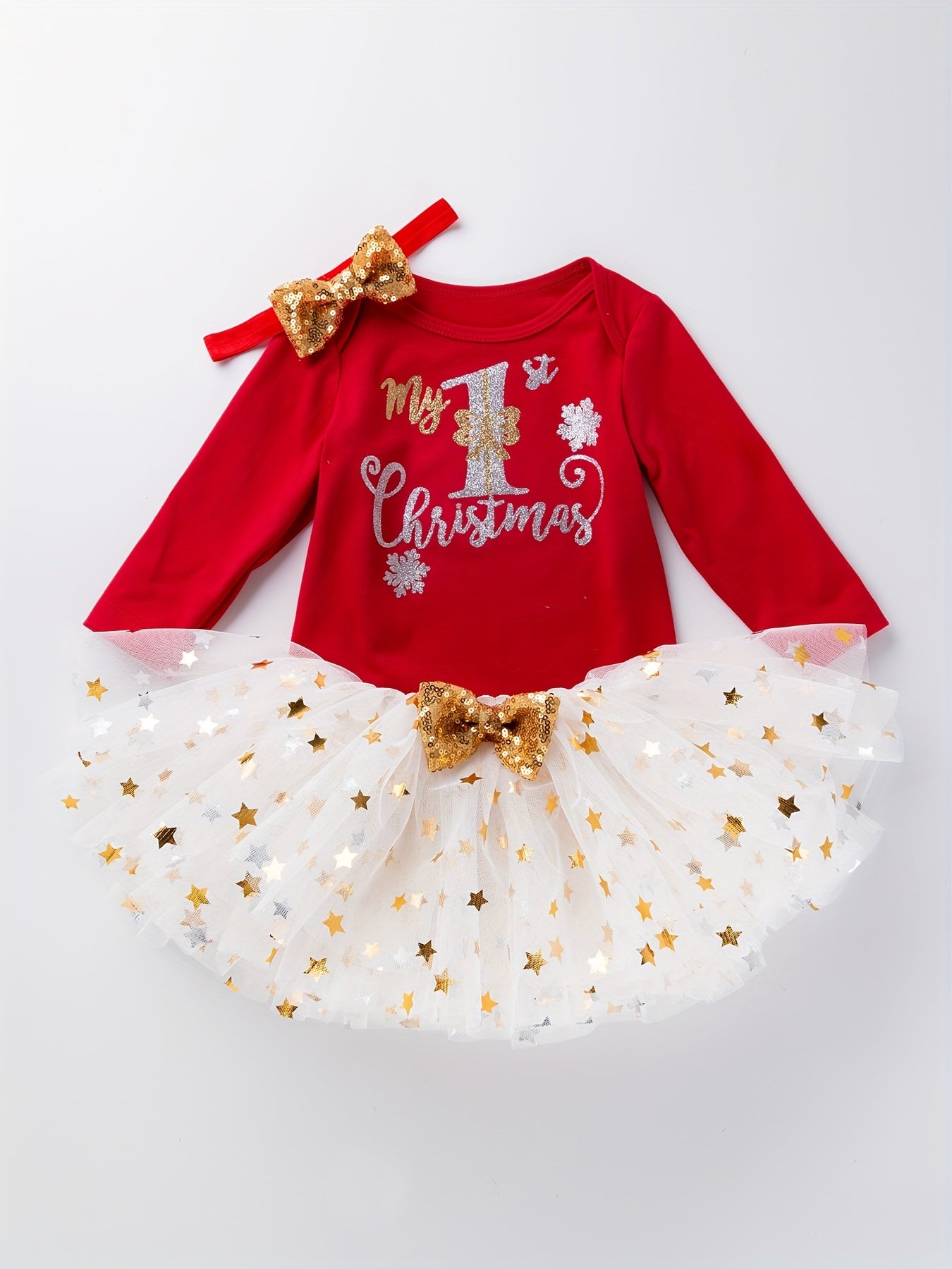 3pcs Christmas Baby Party Princess Dress Outfit, Autumn And Winter Long-sleeved Romper & Golden Stars Pattern Skirt With Headwear Set Outdoor Clothes