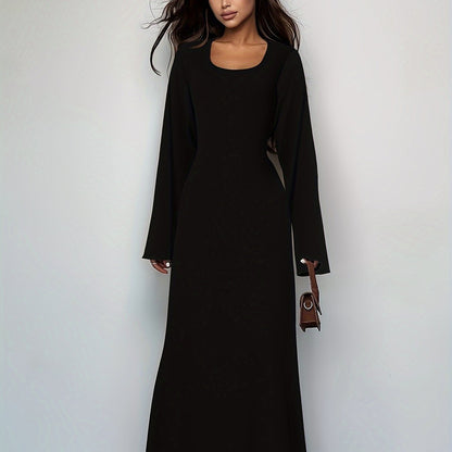 Antmvs Solid Tie Back U Neck Dress, Elegant Long Sleeve Maxi Dress, Women's Clothing