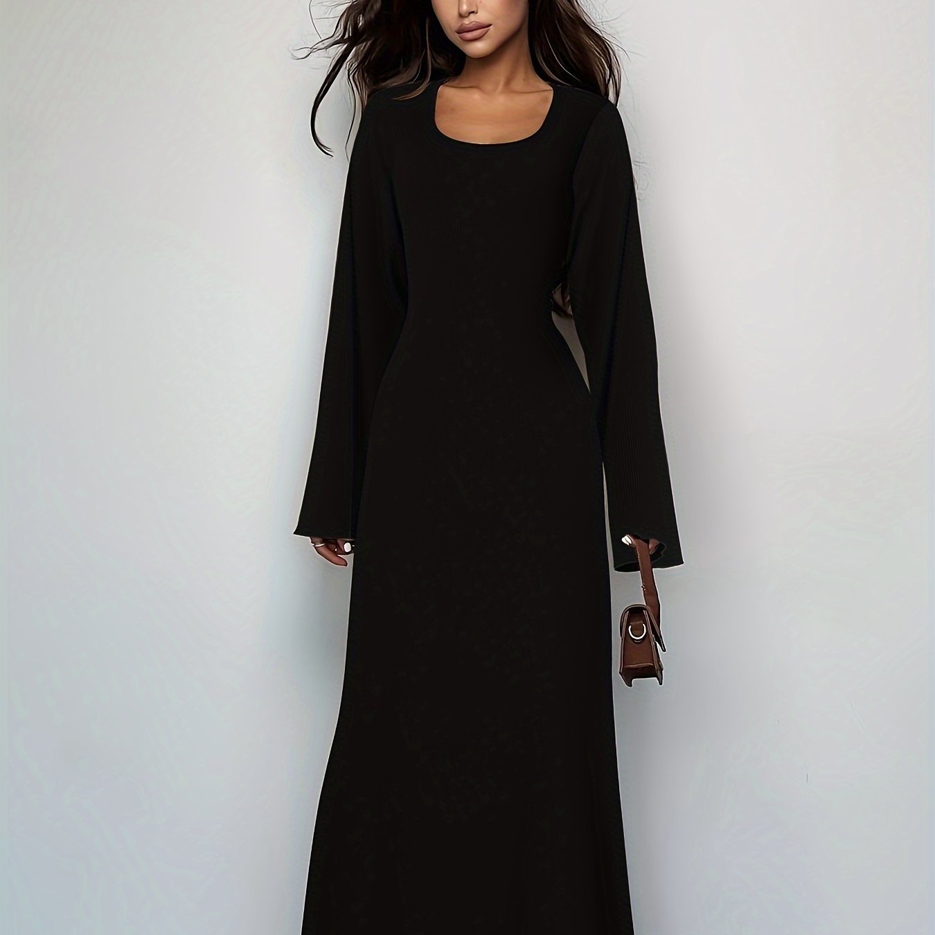 Antmvs Solid Tie Back U Neck Dress, Elegant Long Sleeve Maxi Dress, Women's Clothing