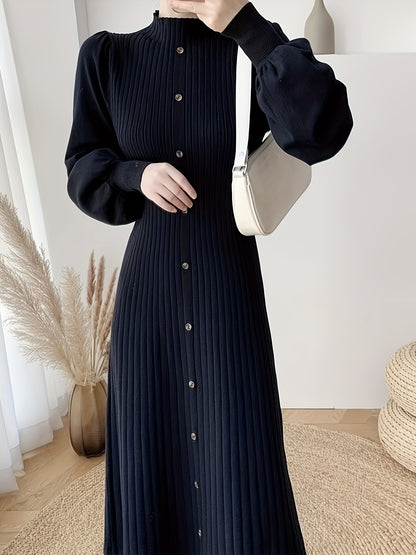 Antmvs Ribbed Mock Neck Dress, Casual Button Front Long Lantern Sleeve Dress, Women's Clothing