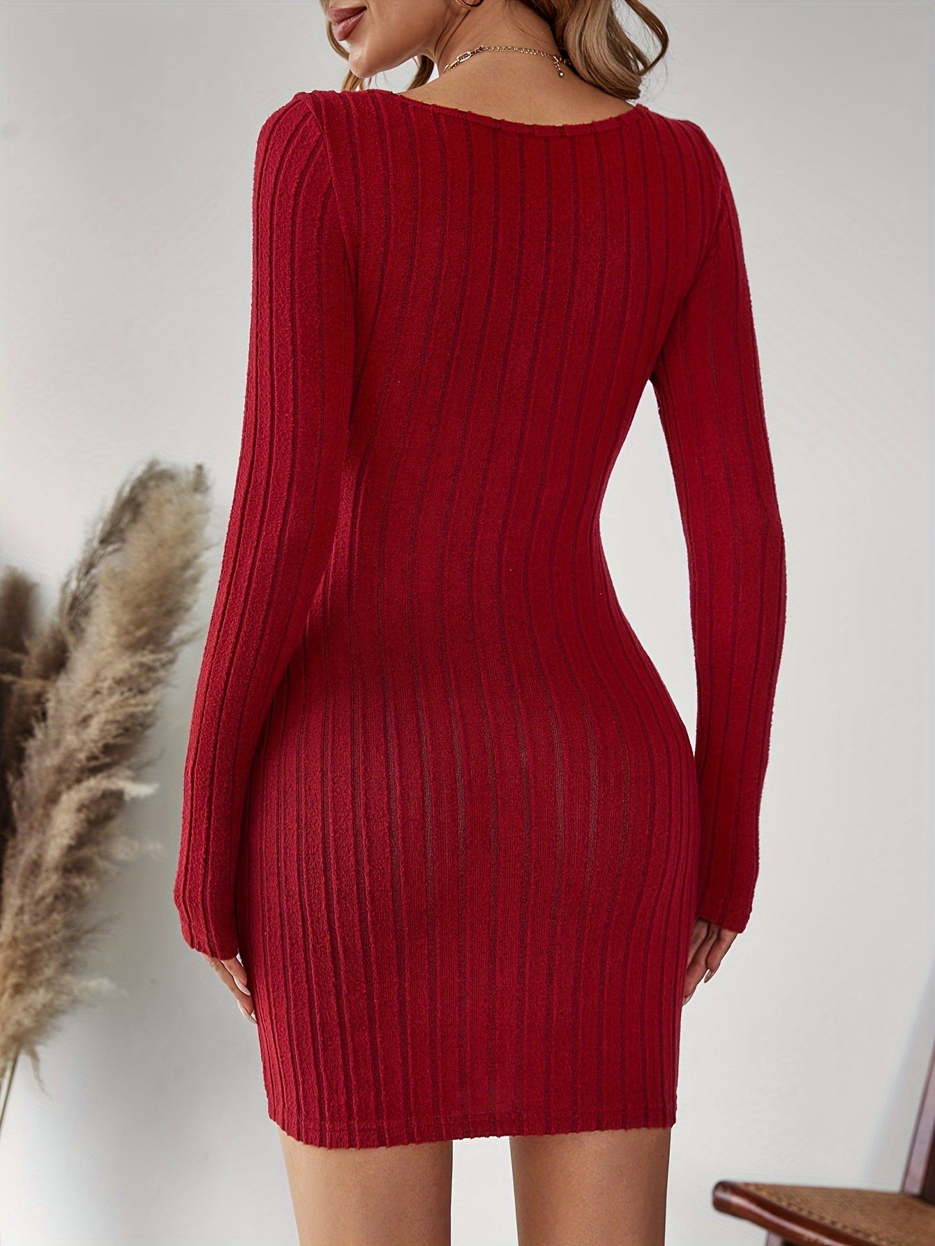 Antmvs Solid Ribbed Bodycon Dress, Party Wear V Neck Long Sleeve Dress, Women's Clothing