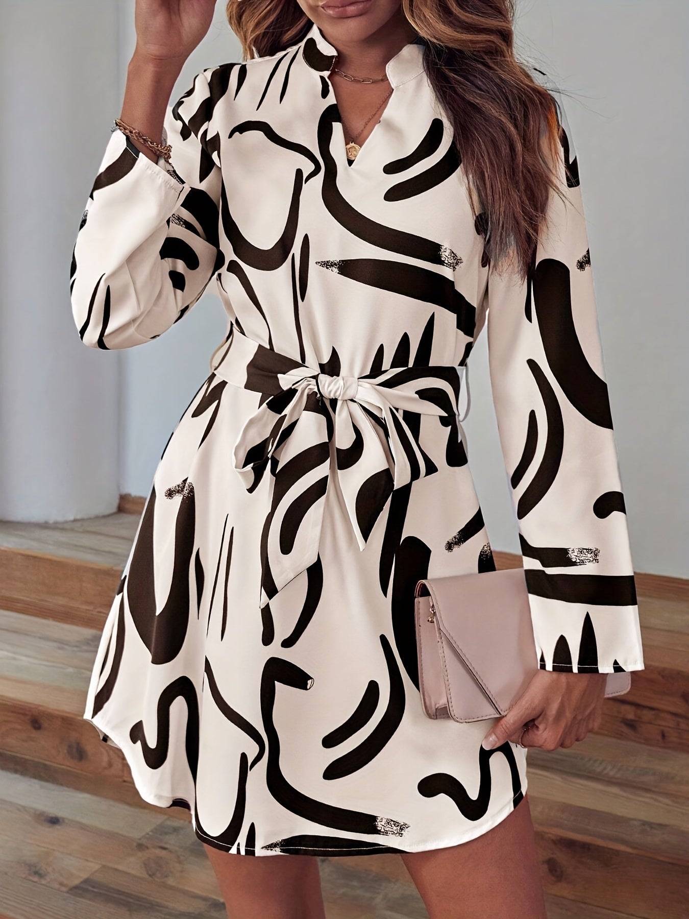 Antmvs Abstract Print V Neck Dress, Casual Long Sleeve Dress, Women's Clothing