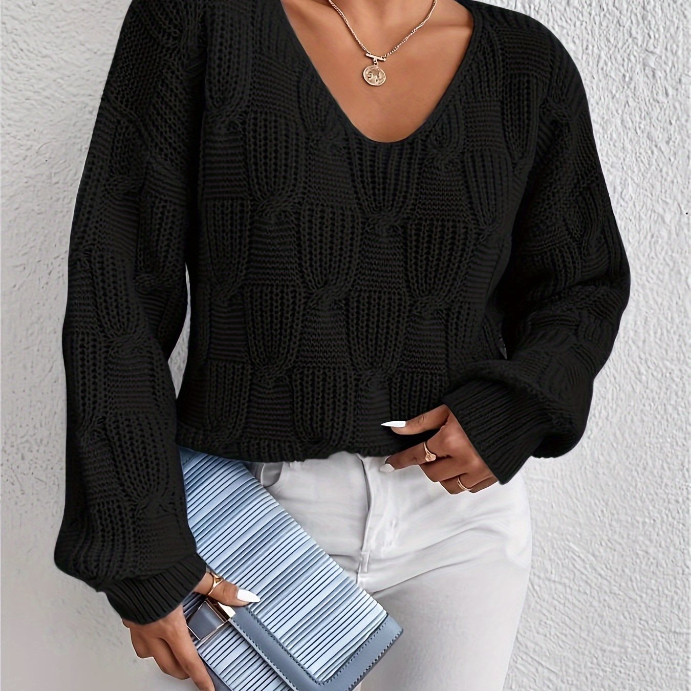 Antmvs Solid V Neck Pullover Sweater, Elegant Long Sleeve Drop Shoulder Loose Sweater, Women's Clothing