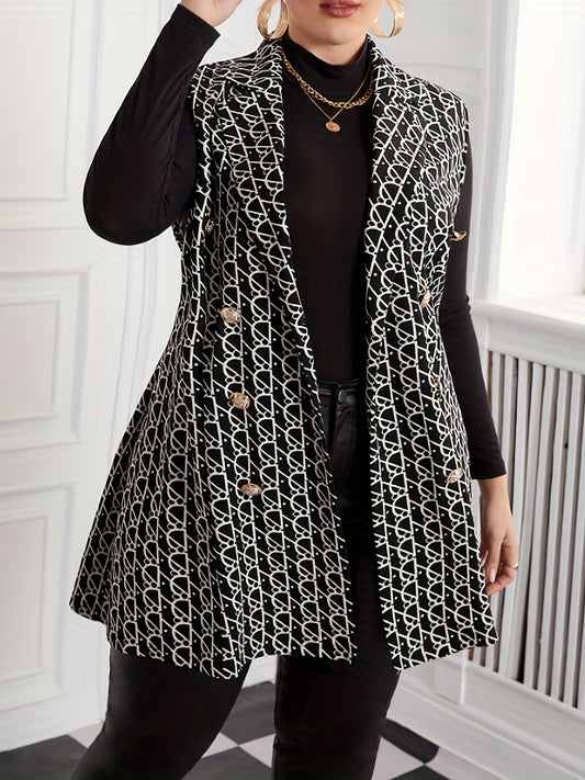 Antmvs Plus Size Casual Coat, Women's Plus Allover Geometric Print Lapel Collar Medium Stretch Vest