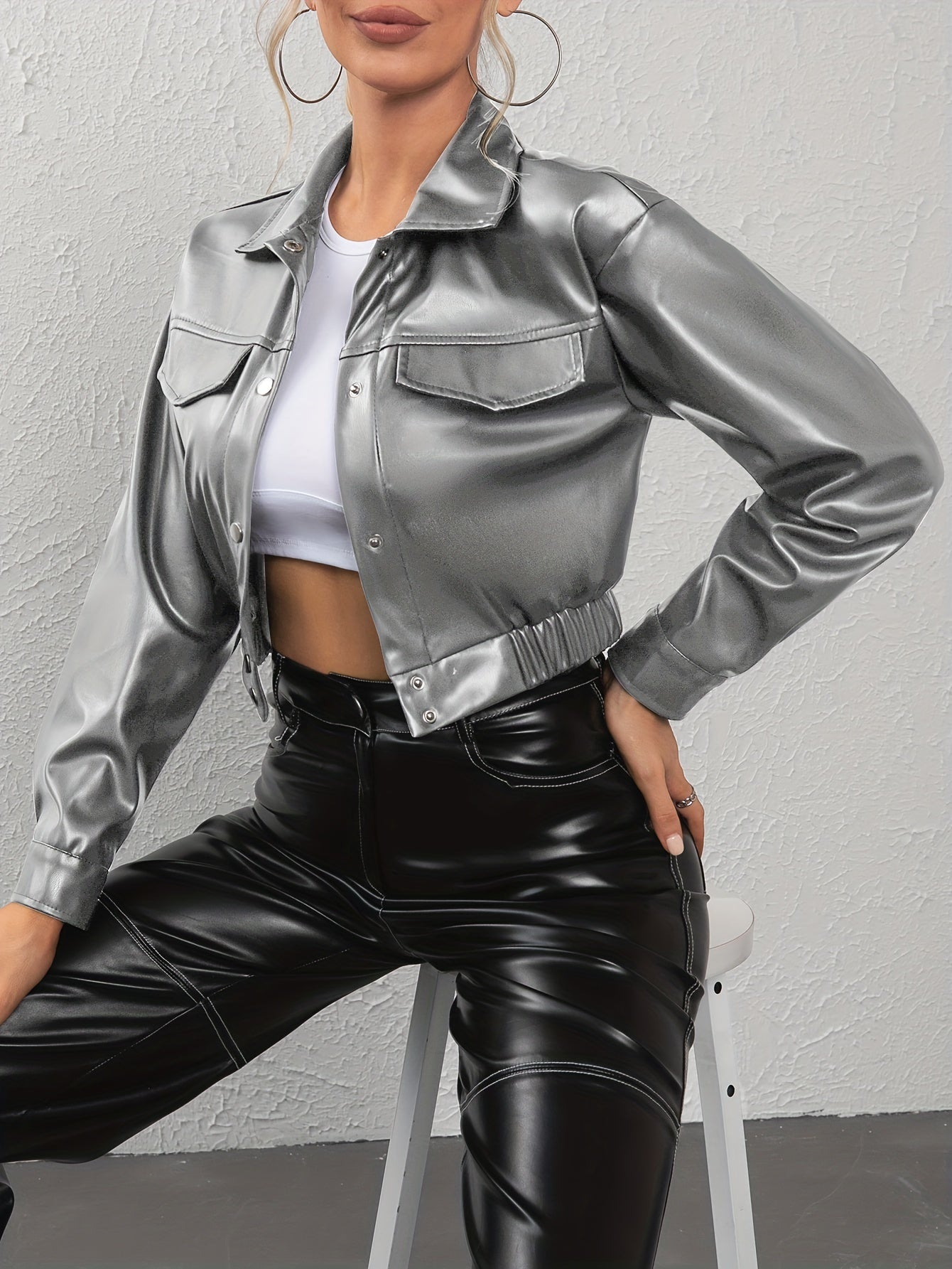 Antmvs Solid Turn Down Collar Faux Leather Crop Jacket, Casual Button Up Long Sleeve Outerwear, Women's Clothing