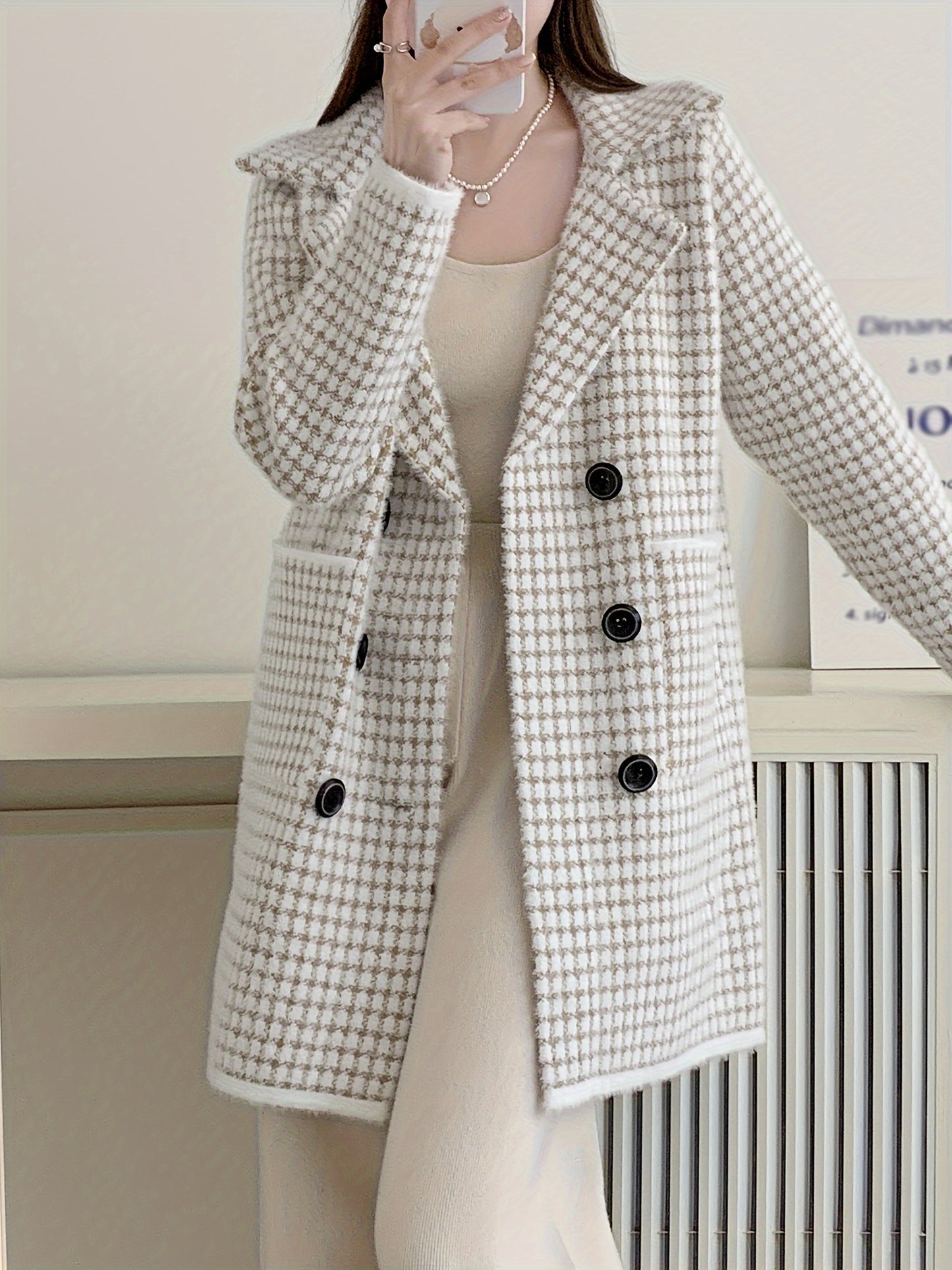 Antmvs Double Breasted Fuzzy Overcoat, Elegant Lapel Long Sleeve Warm Outerwear, Women's Clothing