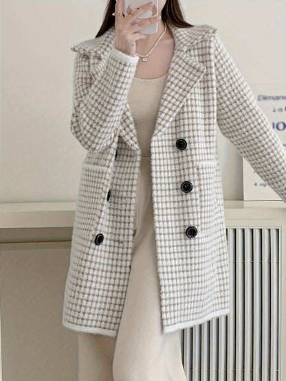 Antmvs Double Breasted Fuzzy Overcoat, Elegant Lapel Long Sleeve Warm Outerwear, Women's Clothing