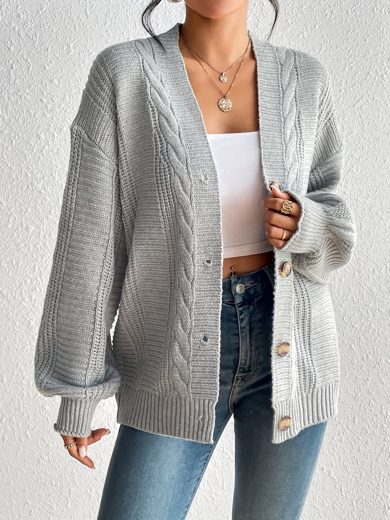 Antmvs Solid Button Down Cable Knit Cardigan, Casual Long Sleeve Drop Shoulder Sweater, Women's Clothing