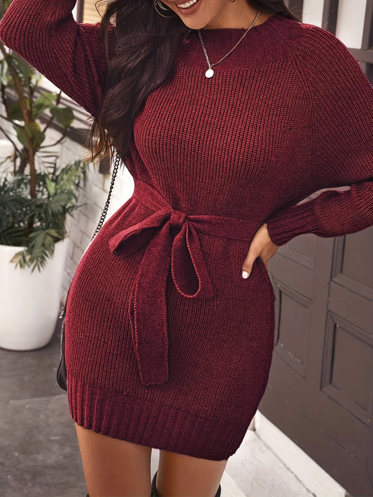 Antmvs Solid Color Knit Bodycon Dress, Casual Long Sleeve Crew Neck Dress For Spring & Fall, Women's Clothing