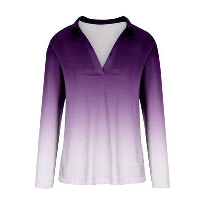 Antmvs Gradient Polo Collar T-Shirt, Casual Long Sleeve Top For Spring & Fall, Women's Clothing