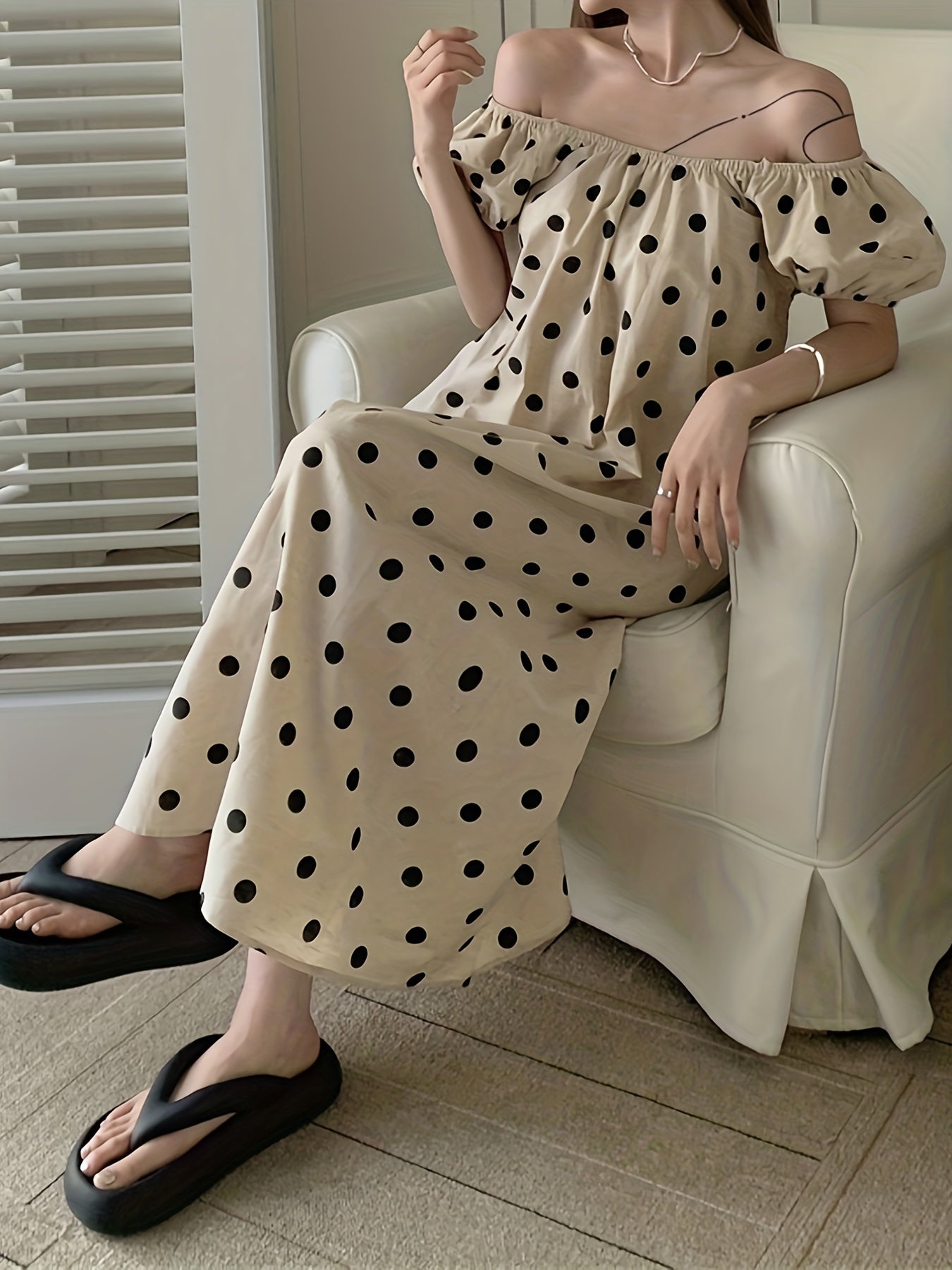 Antmvs Polka Dot Print Dress, Casual Puff Sleeve Midi Dress, Women's Clothing