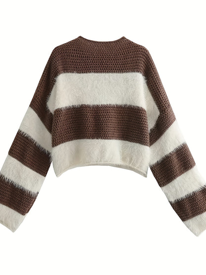 Antmvs Color Block Striped Crew Neck Pullover Sweater, Casual Long Sleeve Sweater, Women's Clothing