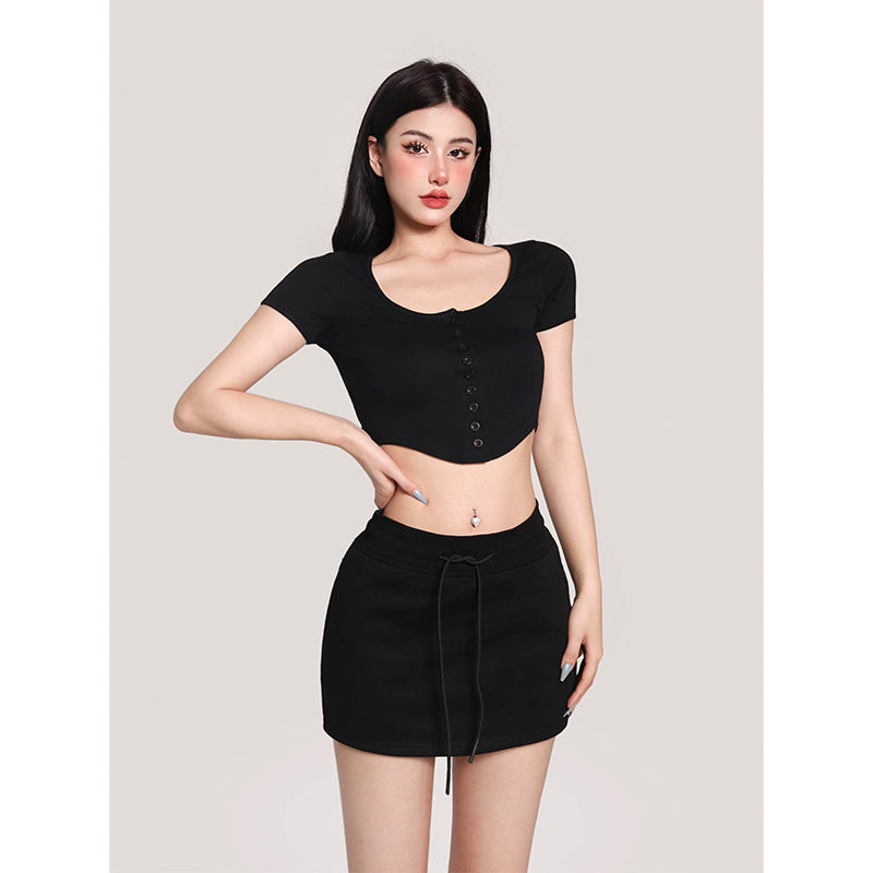 Antmvs Yielle Solid Color Button Up Short Sleeve Slim Top