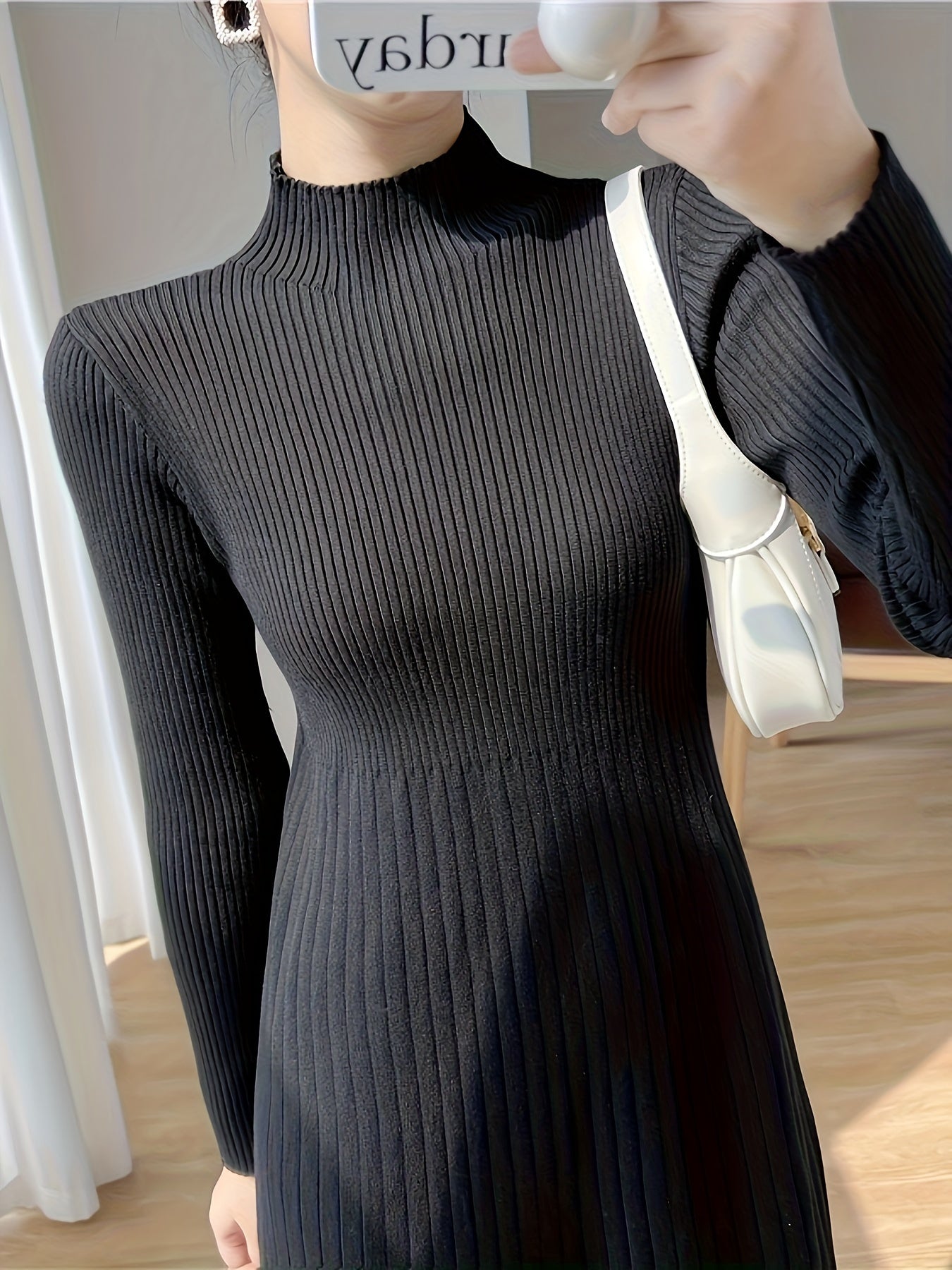 Antmvs Mock Neck Ribbed Dress, Casual Solid Long Sleeve Midi Dress, Women's Clothing