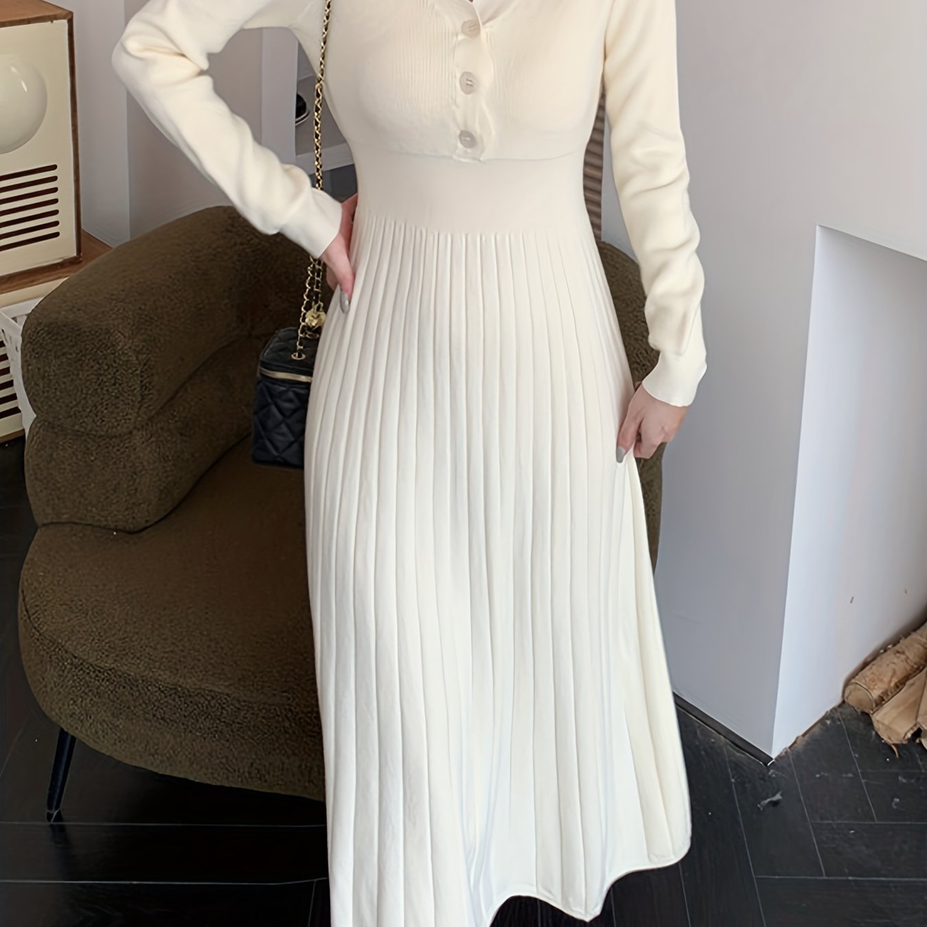 Antmvs Ribbed Button Front Dress, Elegant Solid Long Sleeve Midi Dress, Women's Clothing