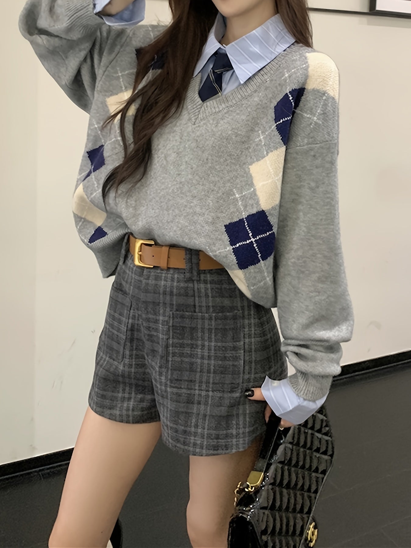 Antmvs Argyle Pattern V Neck Pullover Sweater, Vintage Long Sleeve Loose Sweater For Fall & Winter, Women's Clothing