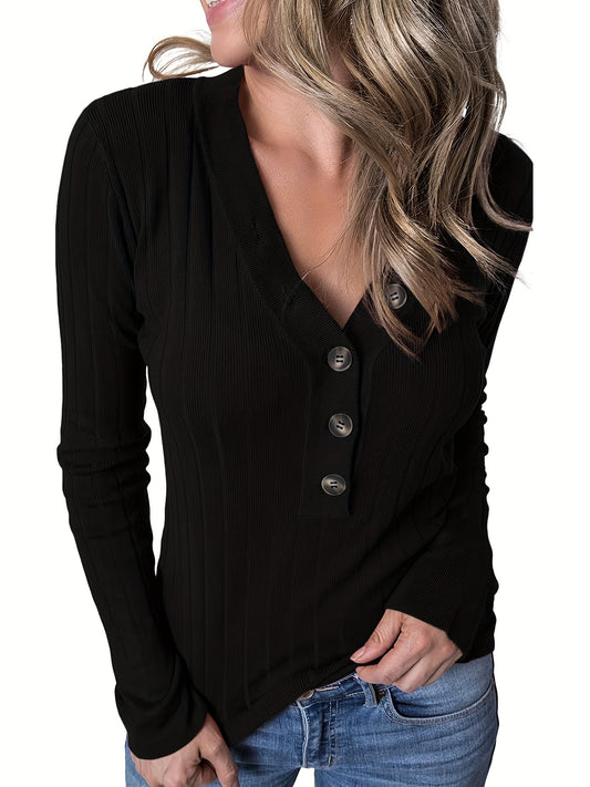 Antmvs Solid Rib Knit Sweater, Casual V Neck Button Front Sweater, Women's Clothing