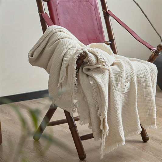 Ultra-Soft 100% Cotton Crinkle Yarn Throw Blanket in Cream with Tassels - Perfect for All Seasons, Cozy Nap & Bedding Accessory