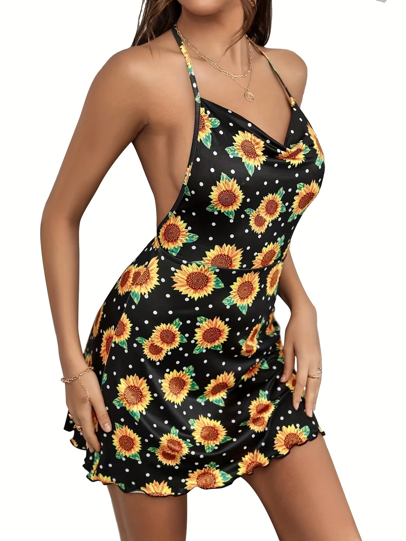Antmvs Sunflower Print Dress, Sexy Halter Neck Draped Lettuce Trim Dress, Women's Clothing