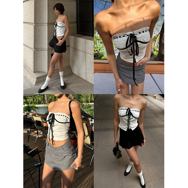 Antmvs Vanessa Sweet Crochet Black Drawstring White Bandeau Top