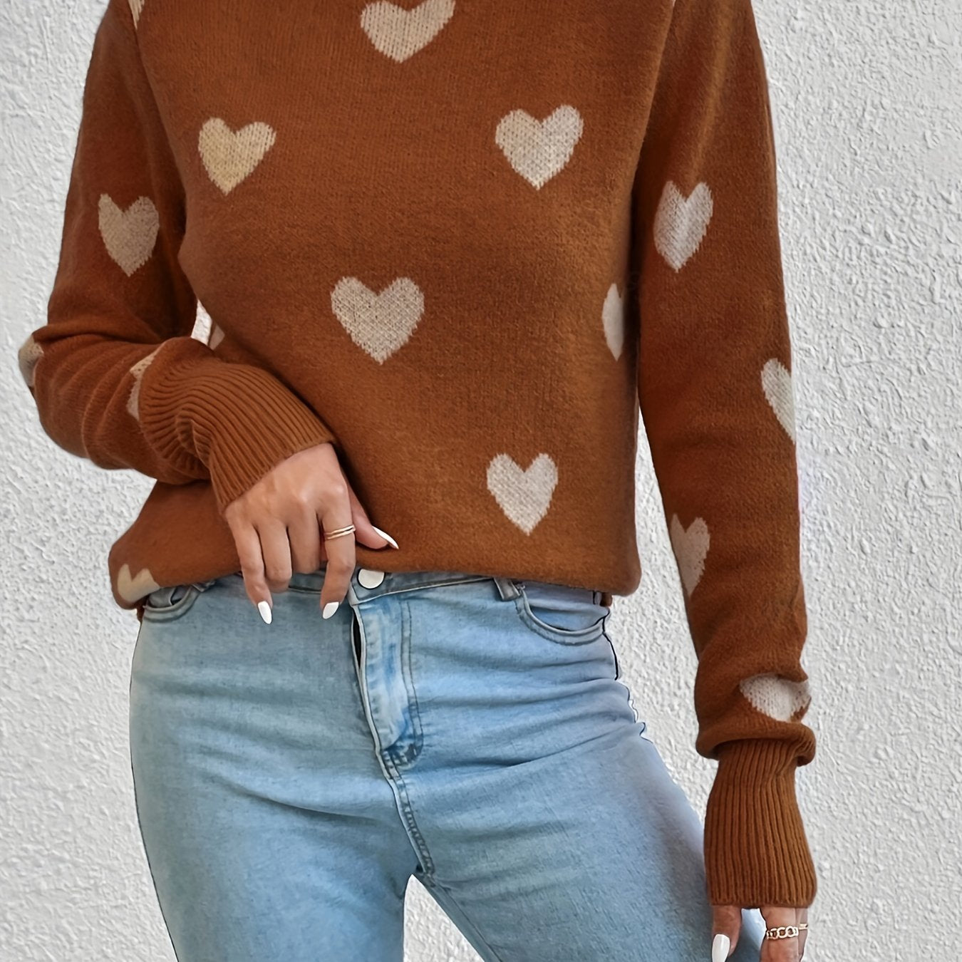 Antmvs Heart Pattern Crew Neck Sweater, Casual Long Sleeve Pullover Sweater, Women's Clothing