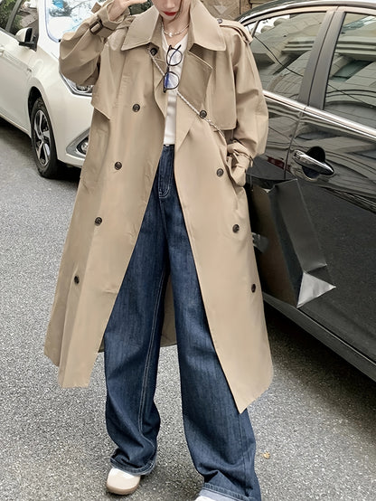 Antmvs Double Breasted Long Length Trench Coat, Casual Solid Long Sleeve Outerwear, Women's Clothing