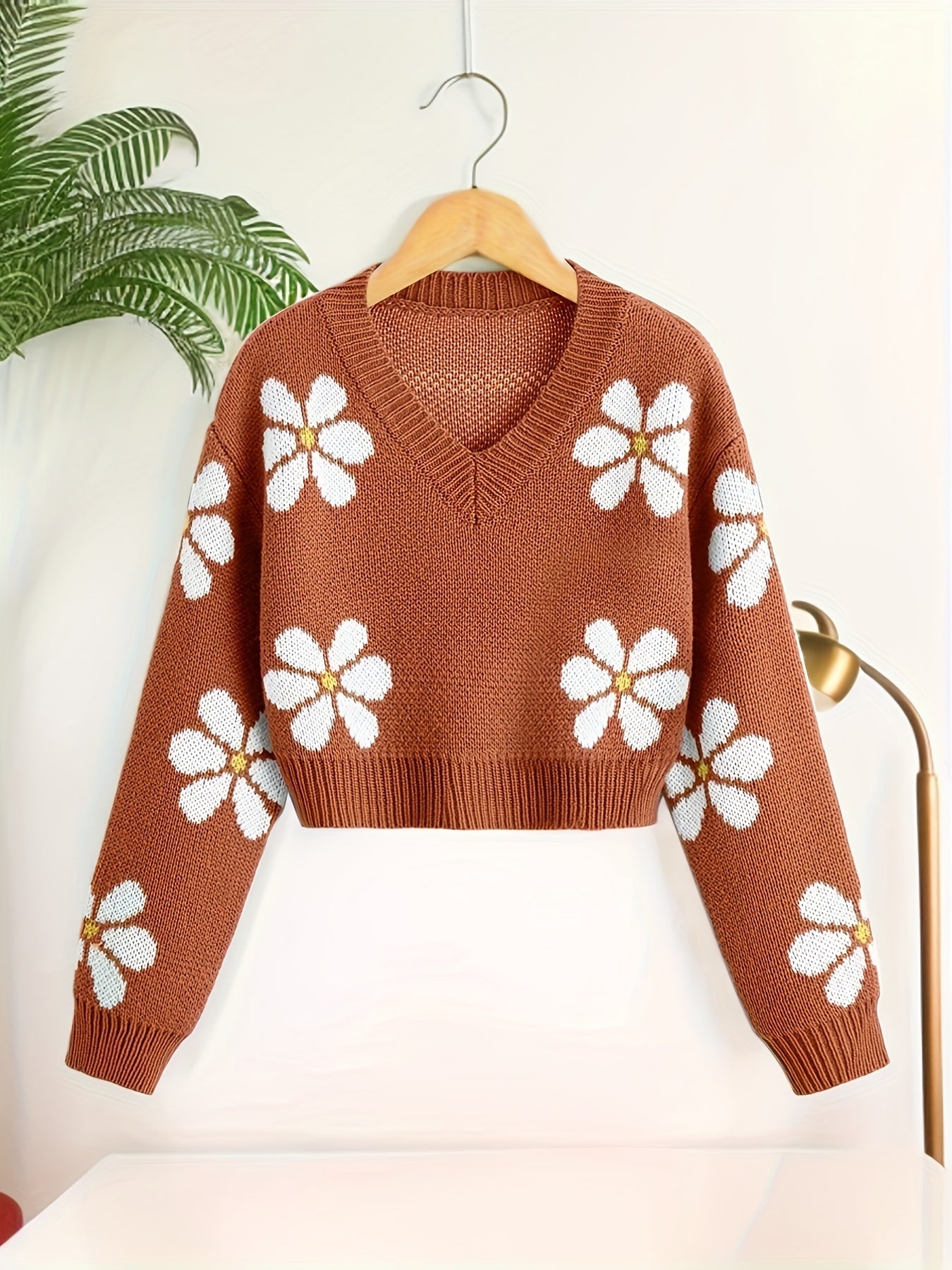 Antmvs Floral Jacquard Girls Drop Shoulder V-neck Knitted Sweater For Fall Winter