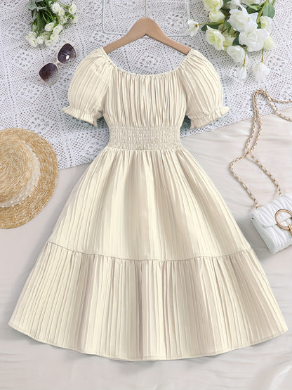 Knee High Girls Elegant Peplum Dress - Shirred, Puff Short Sleeve, Boat Neck, Non-Stretch Polyester, Solid Color, Casual Vacation Dress for Spring and Summer