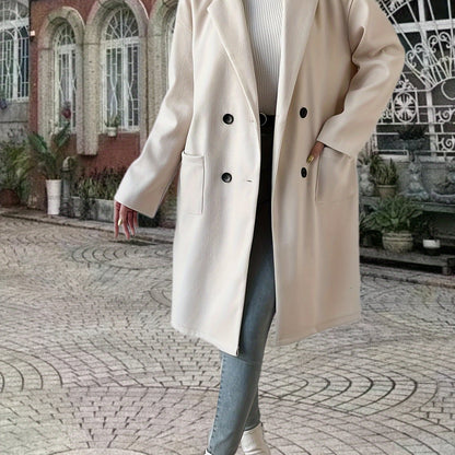 Antmvs Double Breasted Solid Overcoat, Elegant Lapel Long Sleeve Outerwear, Women's Clothing