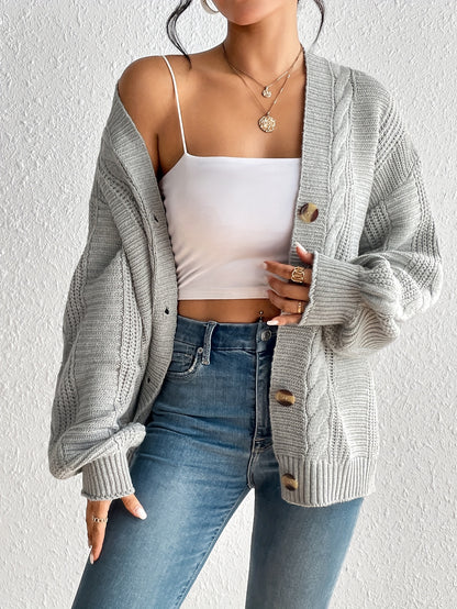 Antmvs Solid Button Down Cable Knit Cardigan, Casual Long Sleeve Drop Shoulder Sweater, Women's Clothing