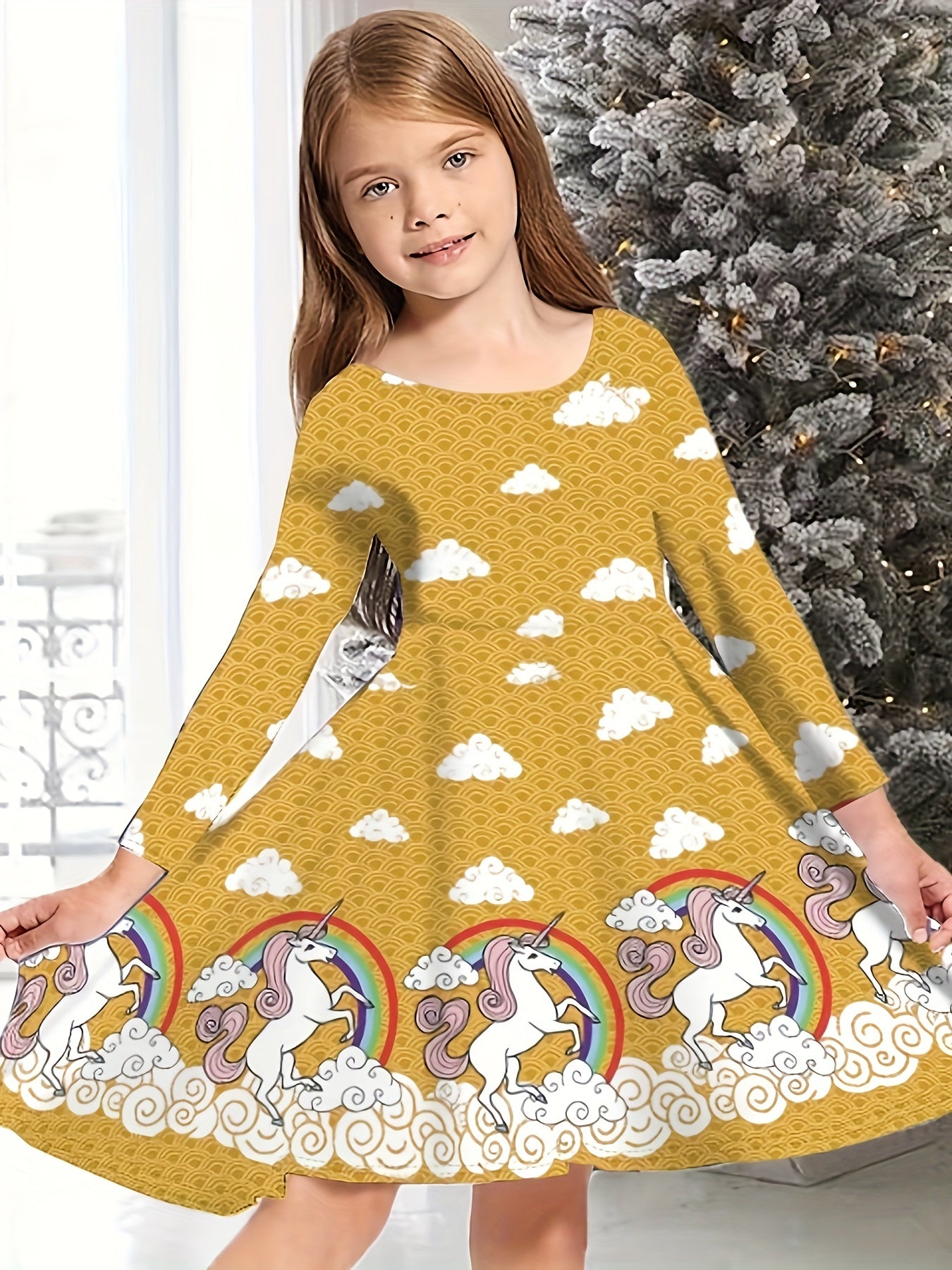 Christmas Party Snowflake Long Sleeve Dress for Girls - 3D Print Graphic, Festive Holiday Outfit, Comfortable Kids Clothes for Winter Season