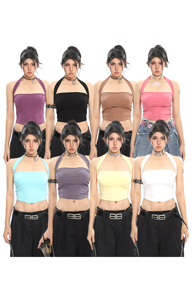 Antmvs Lila Solid Color Basic Halter Multi-Color Stretch Slim Cropped Top