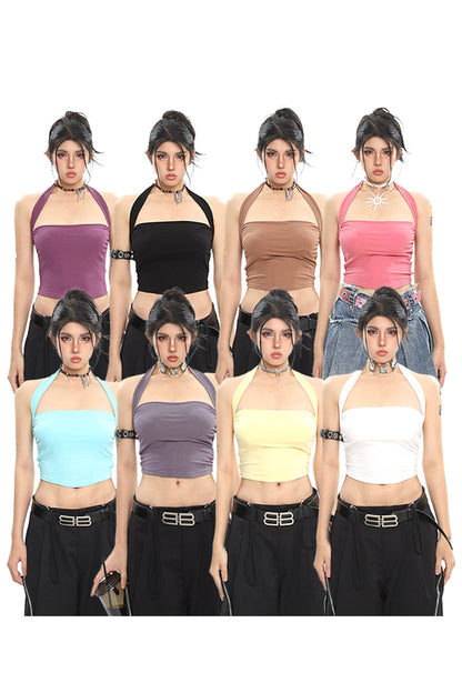 Antmvs Lila Solid Color Basic Halter Multi-Color Stretch Slim Cropped Top