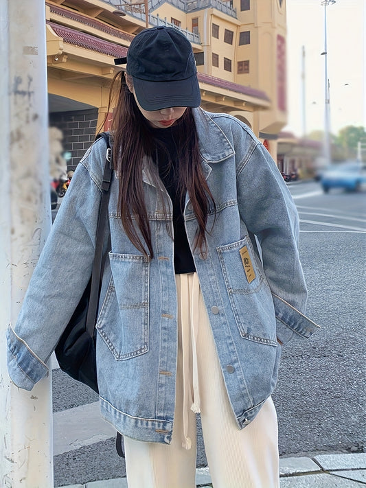 Antmvs Blue Loose Fit Lapel Denim Coat, Long Sleeves Single Breasted Button Denim Jacket, Women's Denim Clothing