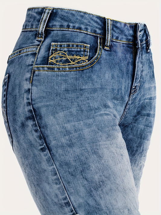 Antmvs Blue Whiskered Bootcut Jeans, Mid-Stretch Slant Pockets Mid Waist Versatile Denim Pants, Women's Denim Jeans & Clothing