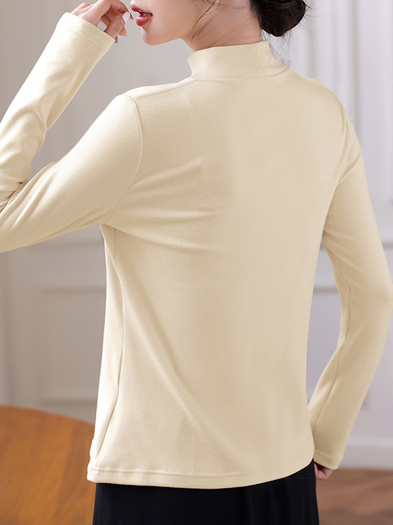 Antmvs Simple Solid Thermal Underwear, Soft & Comfortable Long Sleeve Plush Top, Women's Lingerie & Sleepwear
