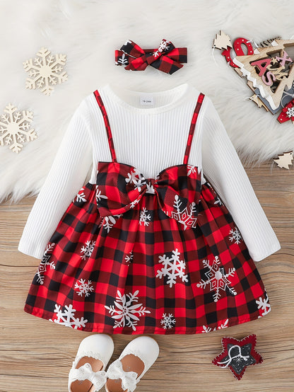 2pcs Toddler Girls' Rib Knit Christmas Dress Set: Patchwork Snowflake Printed Plaid + Headband