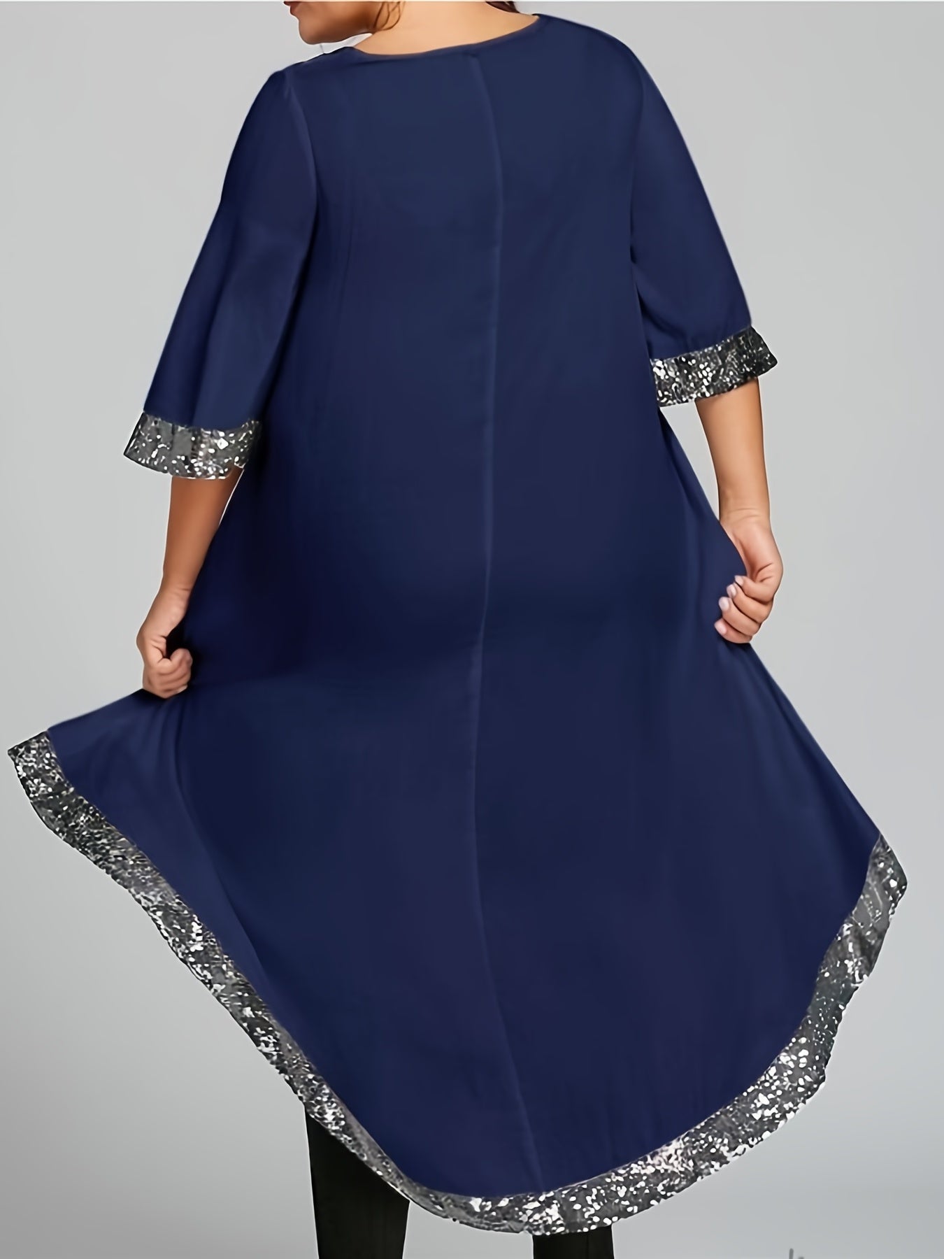 Antmvs Plus Size Elegant Dress, Women's Plus Sequined Trim Cut Out Asymmetric Neck Half Sleeve High Low Dress