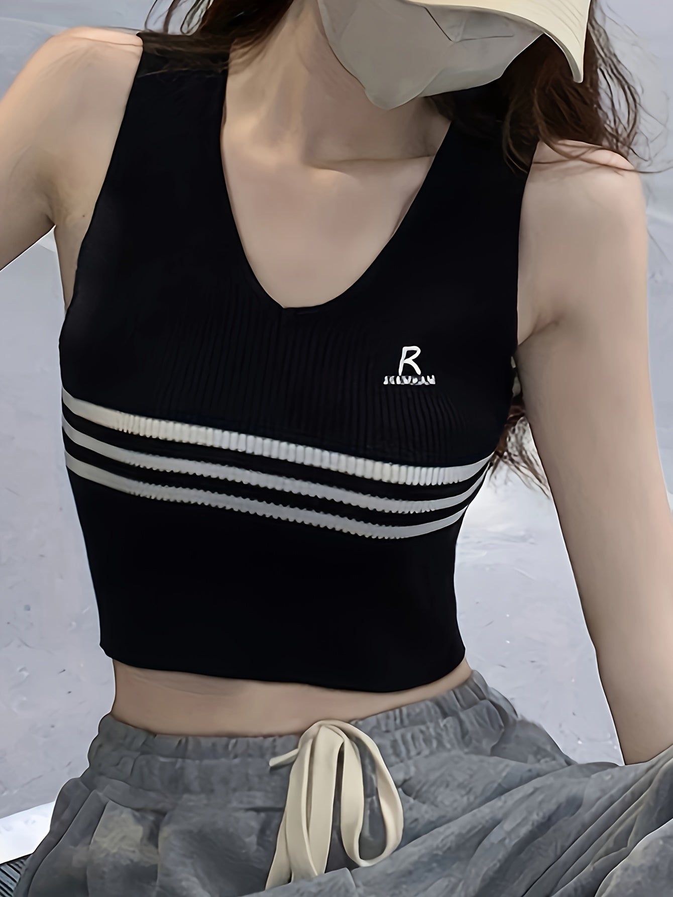 Antmvs Letter & Striped Pattern Crop Knitted Top Casual V Neck Sleeveless Tank Top, Women's Clothing