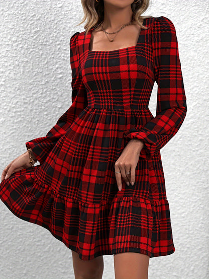 Antmvs Plaid Pattern Square Neck Dress, Vintage Lantern Sleeve Dress For Spring & Fall, Women's Clothing