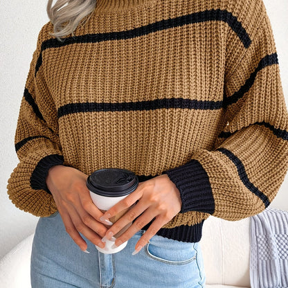 Antmvs Striped Color Block Crew Neck Sweater, Casual Long Sleeve Loose Fall Winter Knit Sweater, Women's Clothing